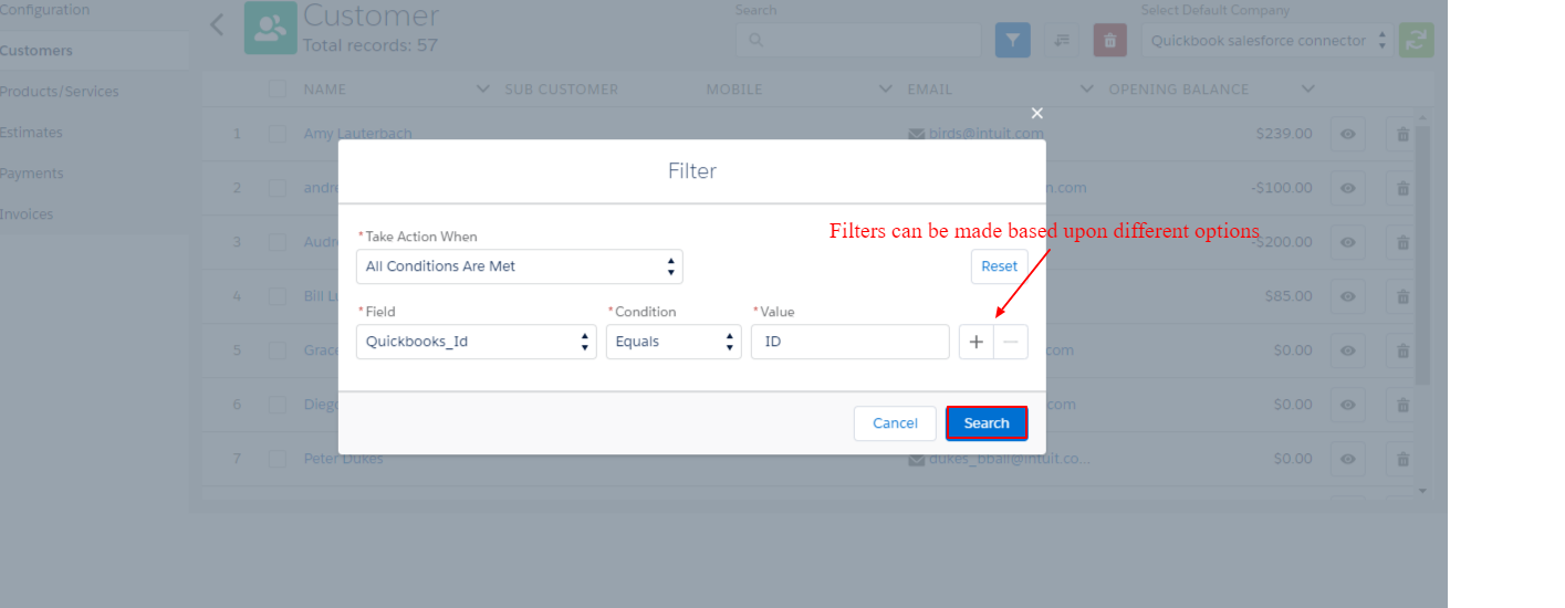 Filter criteria settings